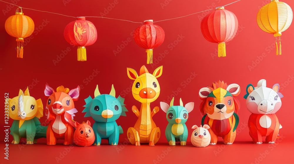 A festive display of Chinese Zodiac paper lanterns featuring different animal signs for the Lunar New Year celebrations A festive display of Chinese Zodiac paper lanterns featuring different animal signs for the Lunar New Year celebrations