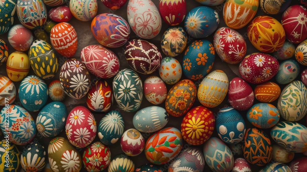 Colorful Easter eggs with unique designs on their surfaces Colorful Easter eggs with unique designs on their surfaces