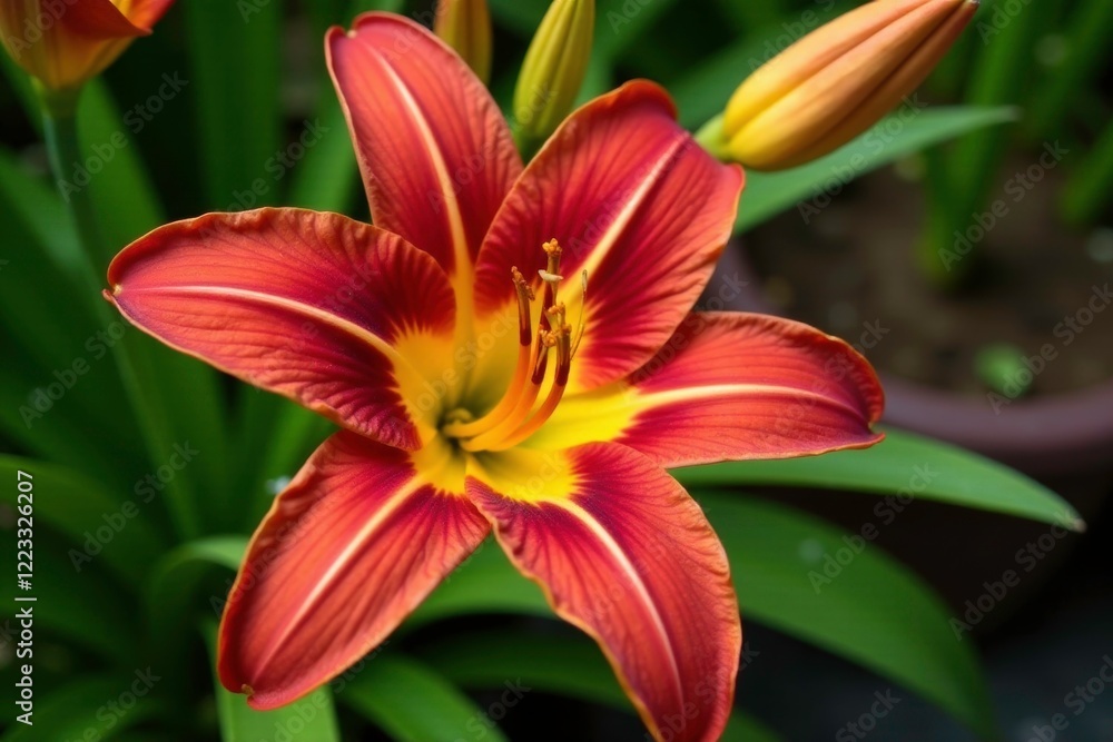 Red and yellow striped lily in a container garden, garden, pot Red and yellow striped lily in a container garden, garden, pot