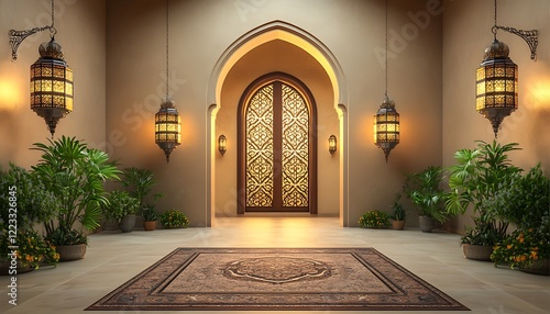 Ornate archway entrance with lanterns and plants.