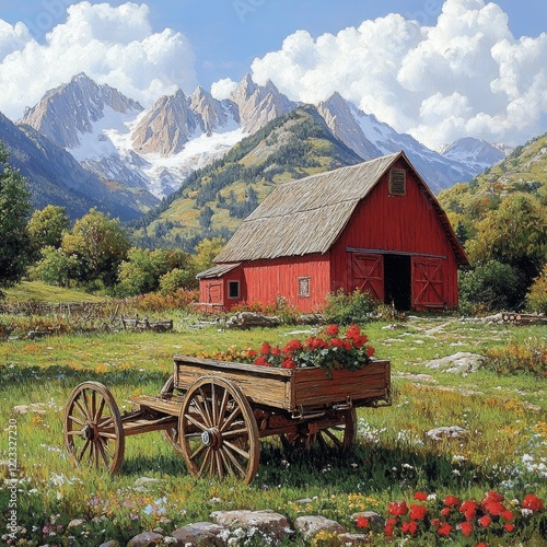 Rustic Charm: Vintage Red Barn and Wooden Wagon Scene - Nostalgic Farmstead Snapshot in Countryside Setting photo