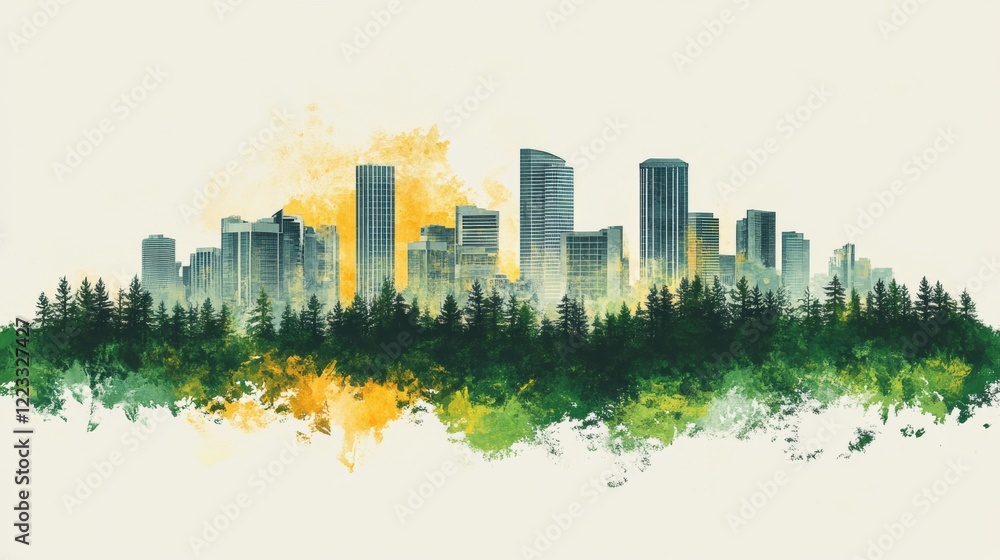 Fototapeta premium City Skyline Emerging from Forest - Watercolor Effect