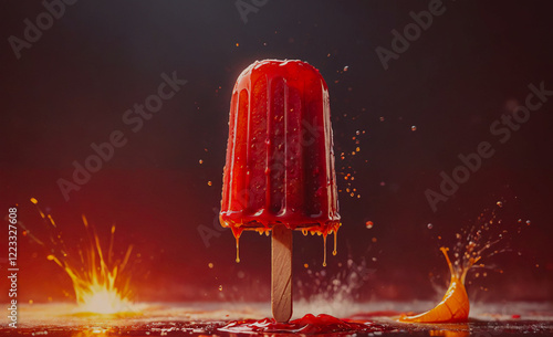 A red popsicle with dripping syrup on top of a table. The popsicle is surrounded by a splash of orange juice, which has spilled over the edge of the table. The scene has a playful and messy vibe, with photo