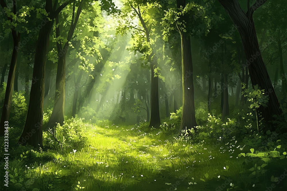 Obraz premium Sunbeams illuminate a lush green forest path.