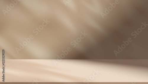 Background Wall Studio Room with Shadow on 3d Podium for Product ,Brown Backdrop Background for Summer scene banner with sunlight on floor texture,Interior Kitchen with blur gradient of Spring light