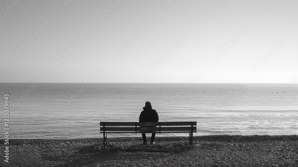 There is a person sitting on a bench looking out at the water, copy space