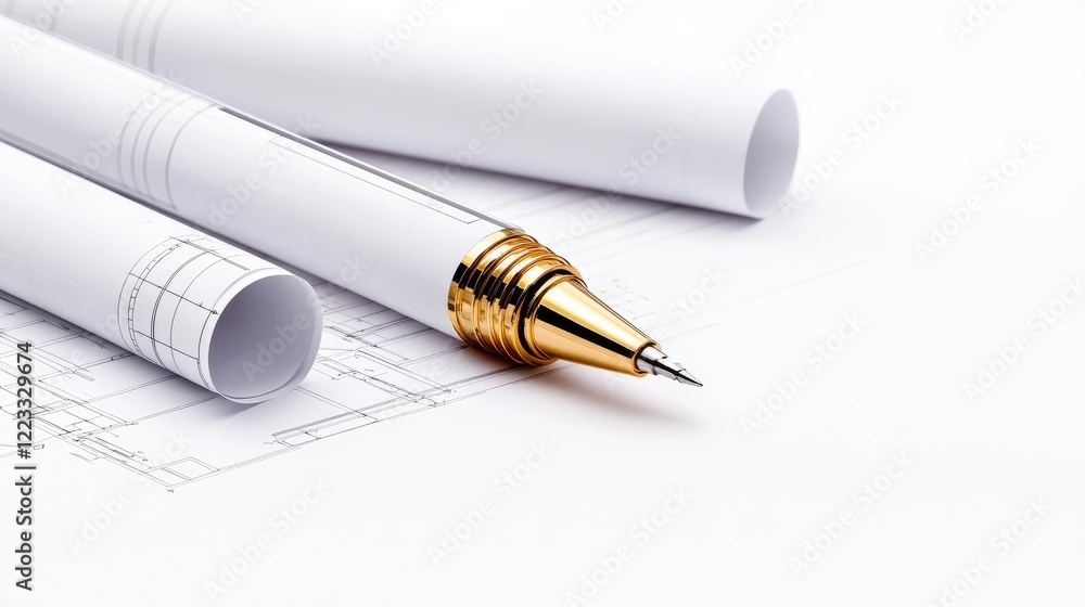 Fototapeta premium Golden drafting pen lying on rolled white blueprints and architectural drawings on a clean desk.