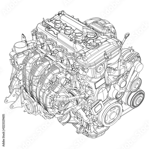 Technical Engine Drawings. Internal Combustion, Electric Motor, Motorcycle, and Rocket for High-Tech Concepts