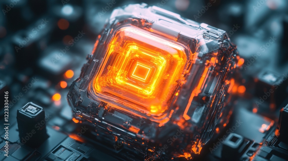 Glowing Orange Core in Futuristic Tech Cube Glowing Orange Core in Futuristic Tech Cube