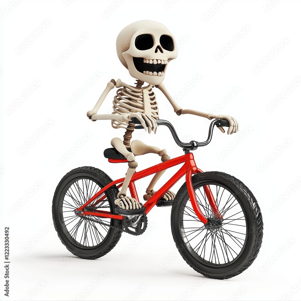 Naklejka premium 3D icon cartoon of a skeleton riding a bicycle, cheerful expression, isolated on a white background