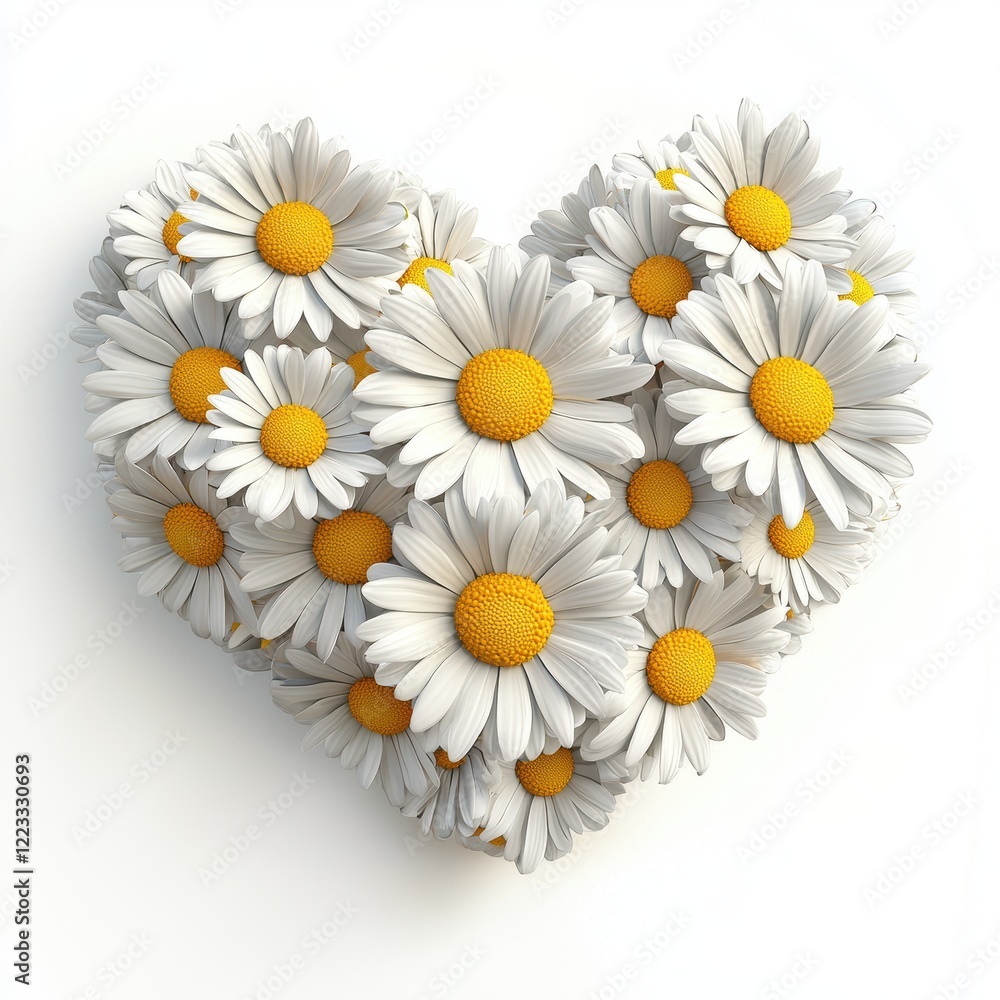 Obraz premium 3D icon cartoon of a heart woven from daisies, cheerful white petals with yellow centers, isolated on a white background