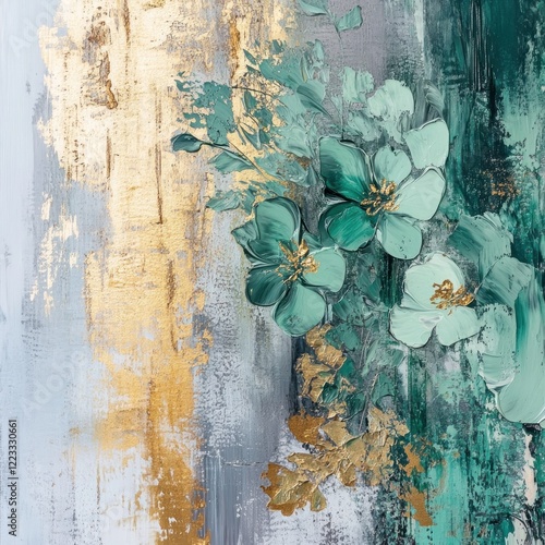 Emerald green flowers gold textured art canvas