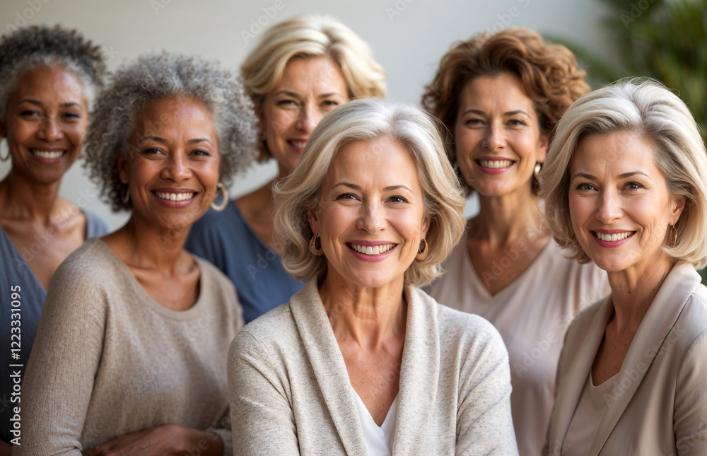 Obraz premium group of smiling confident multi ethnic happy women in menopause age, multiracial friendship of women of mature age