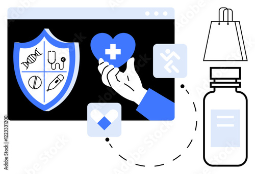 Computer screen with shield and healthcare icons, hand holding heart with medical cross, pill bottle, shopping bag, connected health app. Ideal for telemedicine, eHealth, online pharmacies, medical