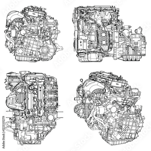 Technical Engine Drawings. Internal Combustion, Electric Motor, Motorcycle, and Rocket for High-Tech Concepts