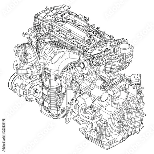 Technical Engine Drawings. Internal Combustion, Electric Motor, Motorcycle, and Rocket for High-Tech Concepts