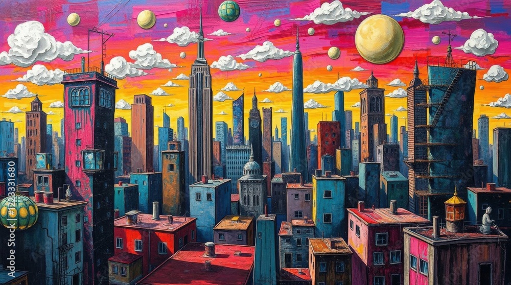 Obraz premium Vibrant Urban Landscape with Surreal Elements and Colorful Skies