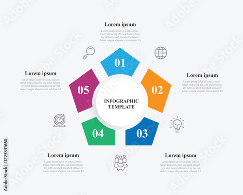 Design template infographic with 5 step process can be used for workflow layout, business presentation and web graphic design 