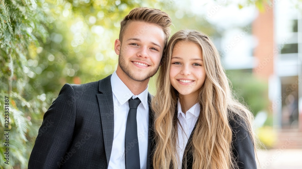 Happy teens, school uniform, campus background, education Happy teens, school uniform, campus background, education