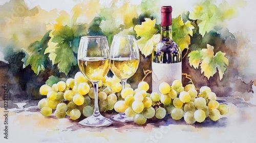 painting watercolor wine and grapes. Selective focus.