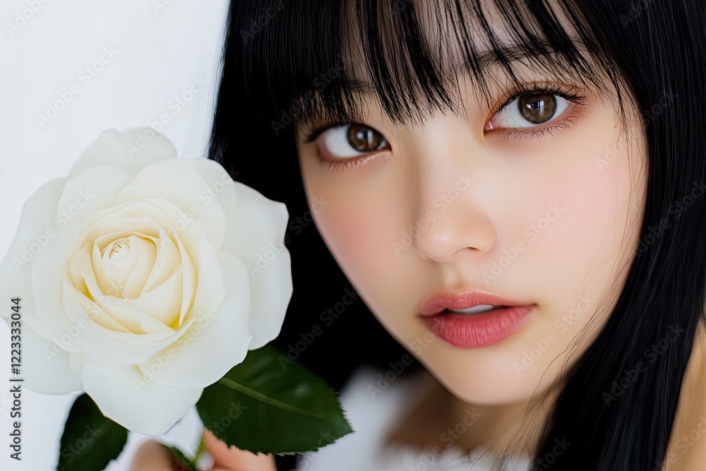 Fototapeta premium A beautiful young woman with straight black hair, bangs, and fringe, wearing a white halter top, holding a single rose in her hand