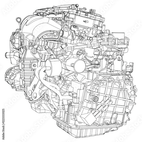 Technical Engine Drawings. Internal Combustion, Electric Motor, Motorcycle, and Rocket for High-Tech Concepts