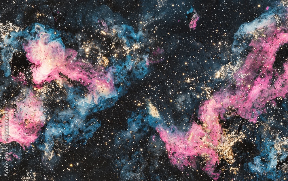 Fototapeta premium A cosmic abstract background with bright pink and blue nebula clouds, sprinkled with glowing stars on a deep black backdrop