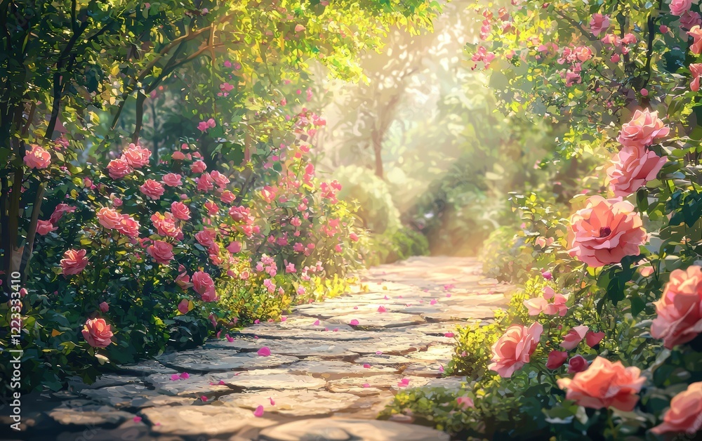 Fototapeta premium A garden background with vibrant blooming roses, a stone pathway, and soft morning sunlight