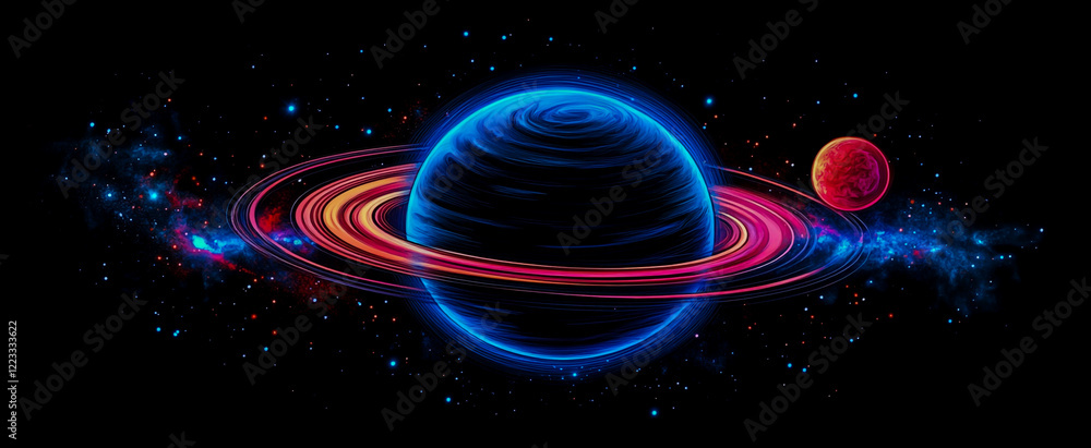 Obraz premium An abstract planet on a black background, surrounded by bright blue rings.