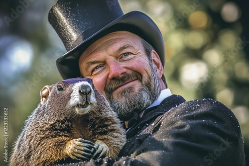 A man in a formal outfit holds a groundhog, perfect for wildlife or humor-themed projects photo