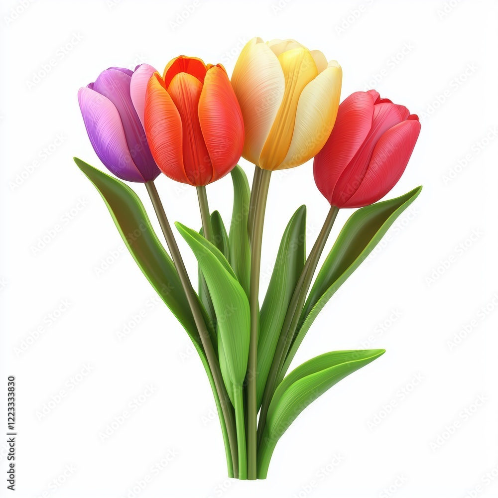 3D icon cartoon of a tulip bouquet in vibrant spring colors, isolated on a white background 3D icon cartoon of a tulip bouquet in vibrant spring colors, isolated on a white background