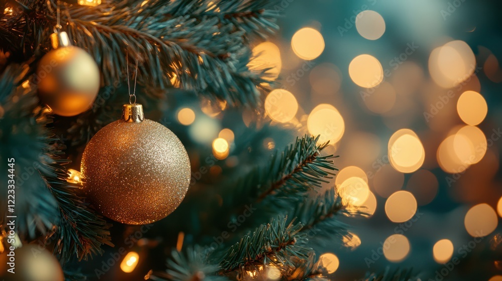 Golden bauble on christmas tree with warm holiday lights in background Golden bauble on christmas tree with warm holiday lights in background