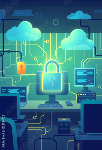 Illustrate a scene depicting robust network security measures, such as firewalls, intrusion detection systems, and encrypted communications, 8k, with white tones