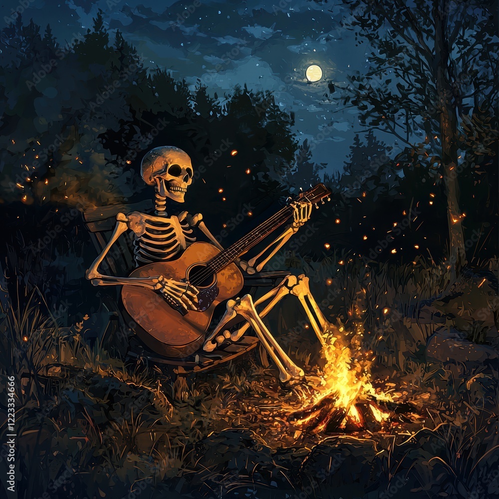 Naklejka premium A skeleton playing a guitar by a bonfire at night, surrounded by nature and glowing firelight 