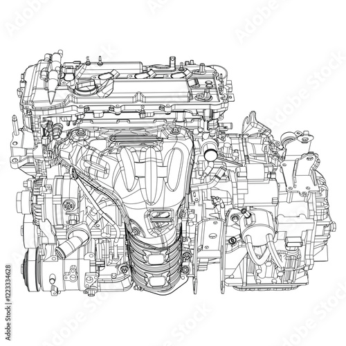 Technical Engine Drawings. Internal Combustion, Electric Motor, Motorcycle, and Rocket for High-Tech Concepts