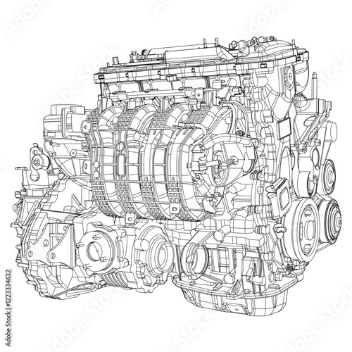 Technical Engine Drawings. Internal Combustion, Electric Motor, Motorcycle, and Rocket for High-Tech Concepts