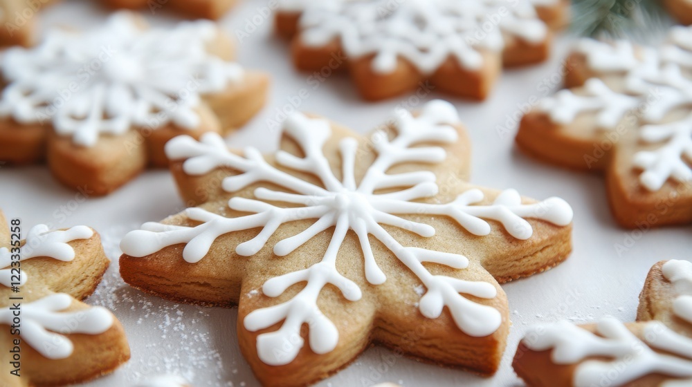 Festive snowflake cookies with white icing on holiday table Festive snowflake cookies with white icing on holiday table