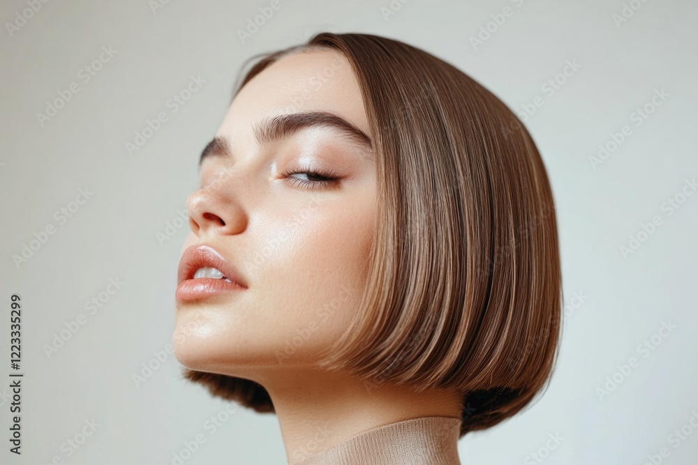 Naklejka premium A woman wearing a turtle neck sweater has her eyes closed, possibly in meditation or deep thought