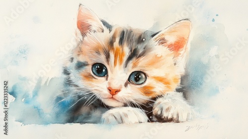 painting watercolor cute kitten. Selective focus.