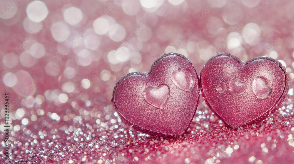 Obraz premium Two heart-shaped candies on a pink glitter background, perfect for Valentine's Day or romantic occasions