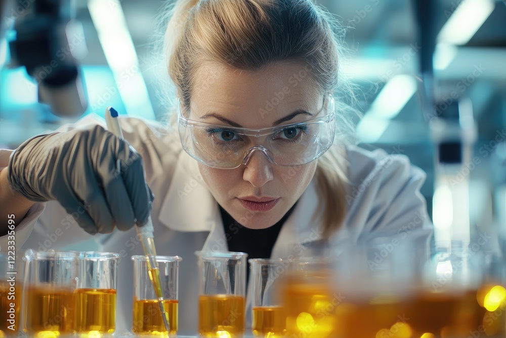 Female Scientist in Laboratory Conducting Experiments with Test Tubes and Flasks while Wearing Safety Glasses and Gloves in Modern Research Facility Female Scientist in Laboratory Conducting Experiments with Test Tubes and Flasks while Wearing Safety Glasses and Gloves in Modern Research Facility