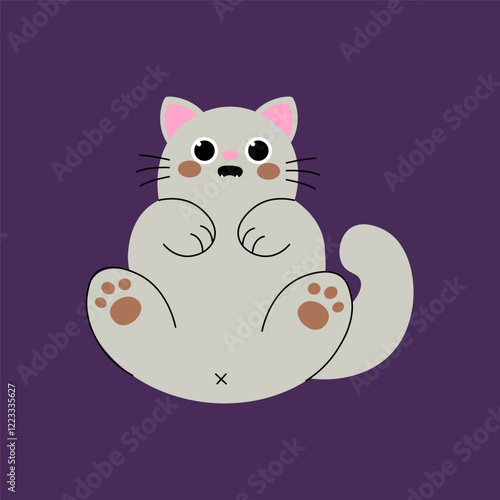 Playful flat style illustration of a cute gray cat sitting with paws up. Perfect for pet-themed designs, children's products, or cozy digital art.