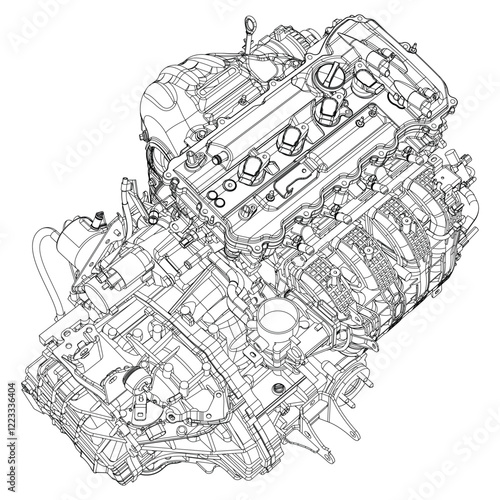 Technical Engine Drawings. Internal Combustion, Electric Motor, Motorcycle, and Rocket for High-Tech Concepts
