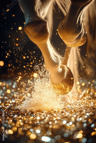 Horse hooves close-up against gold coins background. Selective focus.