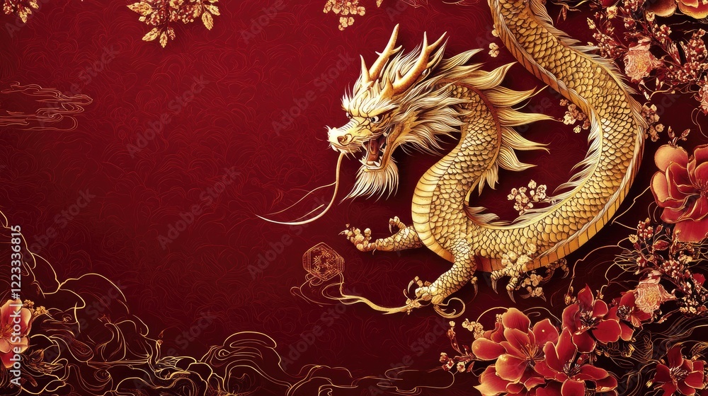 A sophisticated Chinese New Year poster featuring a golden dragon and floral design elements on a deep red background A sophisticated Chinese New Year poster featuring a golden dragon and floral design elements on a deep red background