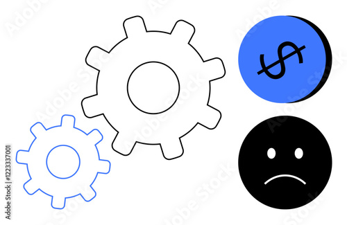 Gears interlocked, representing operations, next to a sad face and a crossed-out money sign, symbolizing financial stress, economic struggles, management problems. Ideal for business challenges