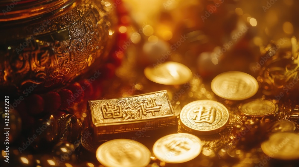 A close-up of Chinese New Year prosperity symbols including the gold ingot, Chinese coins, and the character for wealth A close-up of Chinese New Year prosperity symbols including the gold ingot, Chinese coins, and the character for wealth