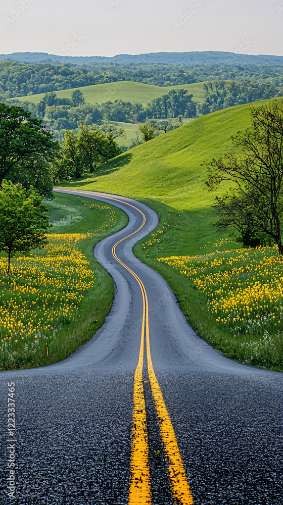 Naklejka premium A serene road with a sharp yellow line dividing it, flanked by rolling hills and wildflowers under a clear blue sky.