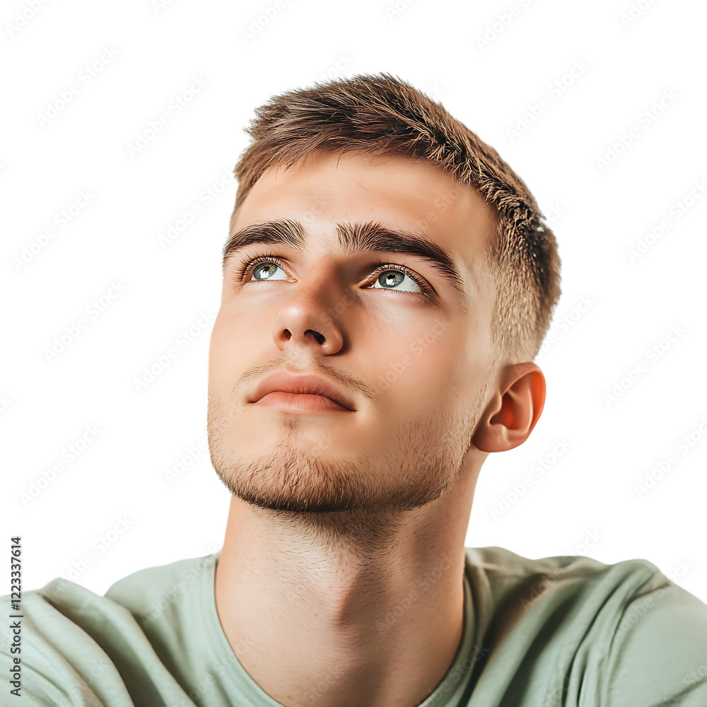 Obraz premium A focused young adult man wearing a casual shirt looks upward with a thoughtful expression, isolated on a transparent background for easy.
