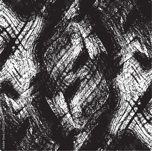 Monochrome texture composed of irregular graphic elements. Distressed uneven grunge background. Abstract vector illustration. Overlay for interesting effect and depth. Isolated on white background.